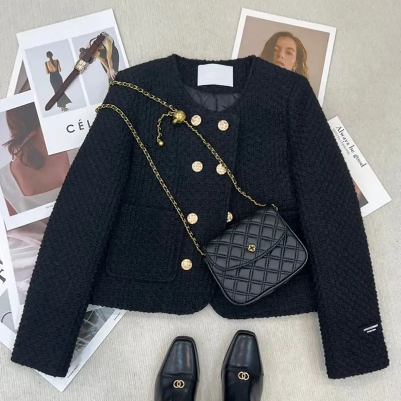 

Autumn/winter Padded Inner Liner Cotton Black Small Fragrant Style Jacket for Women French Socialite Coarse Flower Short Top