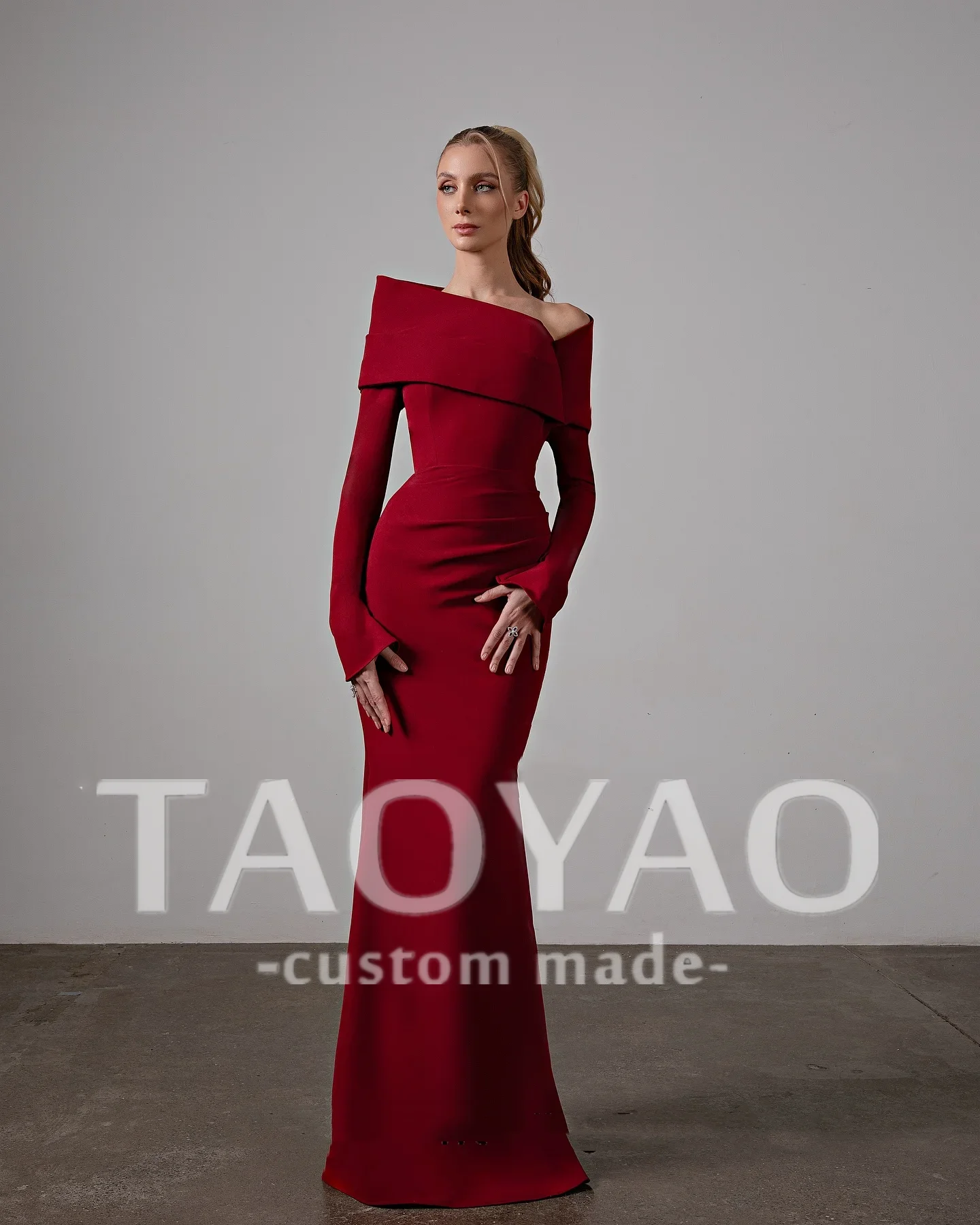 

Red Mermaid Arabia Prom Dresses Off Shoulder Boat Neck Long Sleeves Evening Gown Satin Formal Dress Robe De Soirée Customized