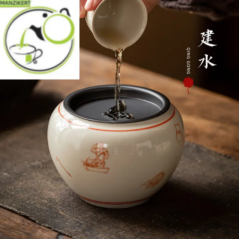 

Grass Gray Glaze Japanese Ceramic Tea Basin Tea Residue Barrel with Tin Cover Tea Basin Cup Wash Kung Fu Tea Ceremony Utensils