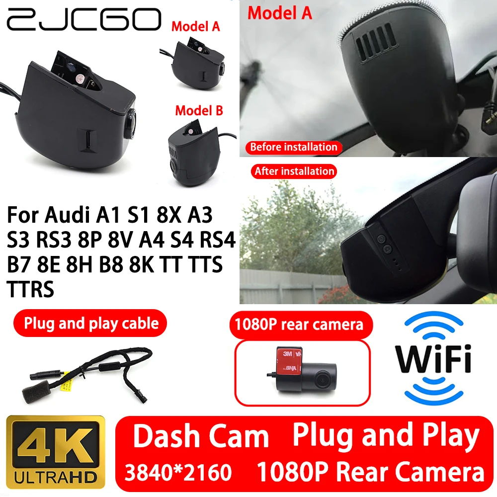 

for Audi A1 S1 8X A3 S3 RS3 8P 8V A4 S4 RS4 B7 8E 8H B8 8K TT TTS TTRS 4K Front Rear Camera Dash Cam Wifi Plug and Play Recorder