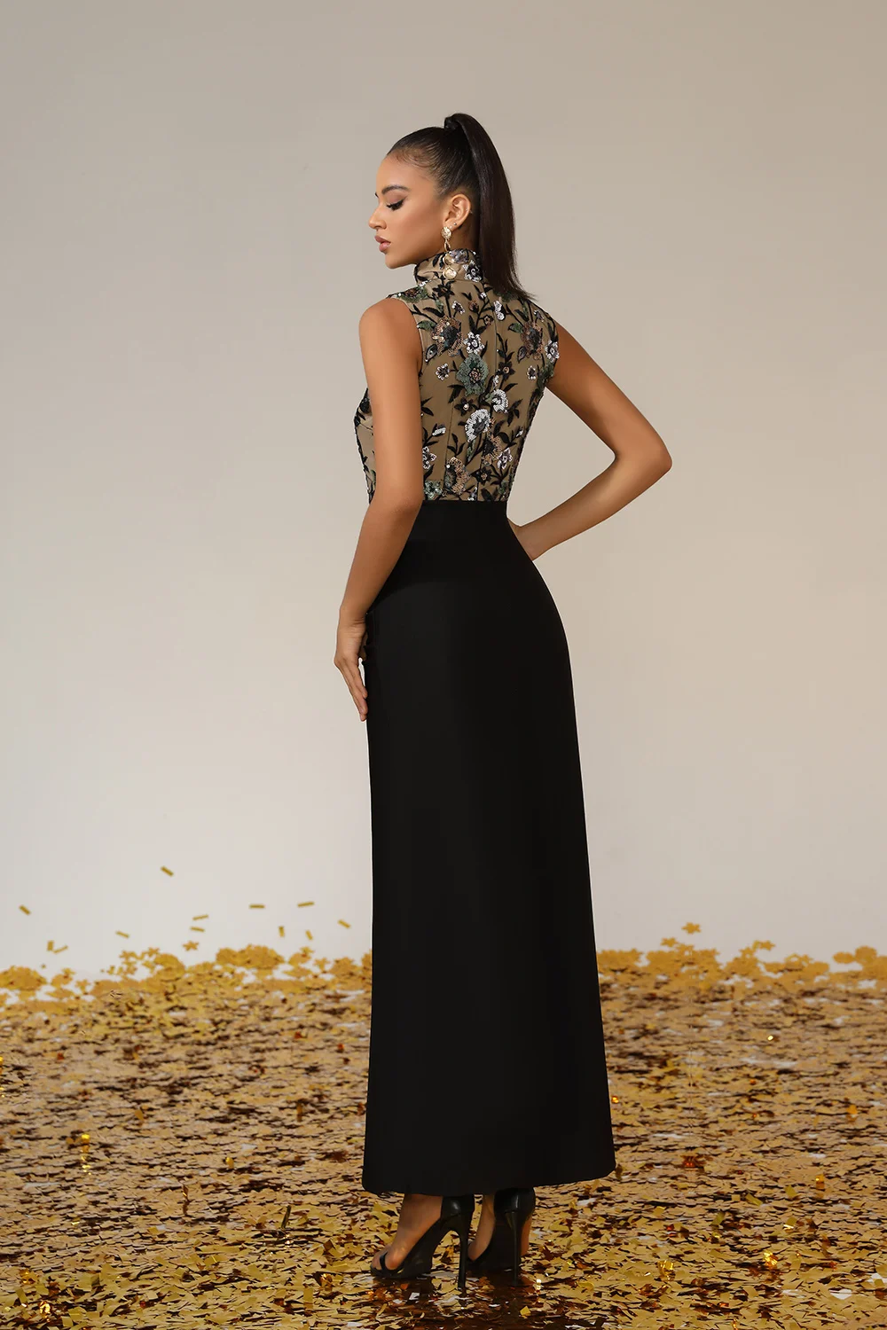 VC Black Sleeveless High Neck Maxi Dress –  Sheer Mesh Gown with Floral Sequin Embroidery for Formal Parties & Weddings