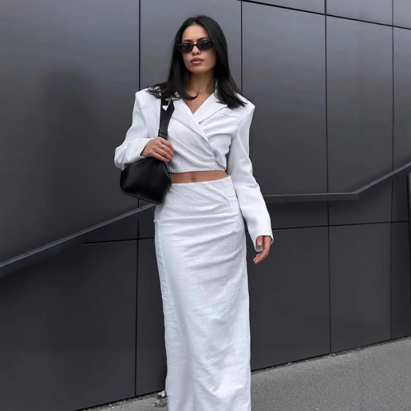 2025 New High Street Commuter White Cotton Hemp Design Short Coat and Half length Long Dress for Women