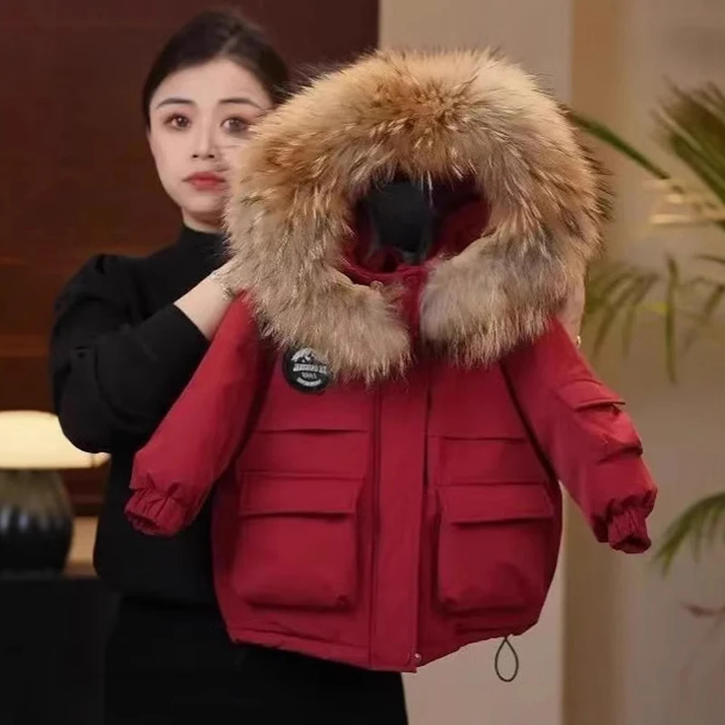 -20℃ Winter Boys Jacket Solid Color Thick Warm Big Fur Collar Hooded Parka For 3-12 Years Teen Kids  Down Cotton Snow Clothes