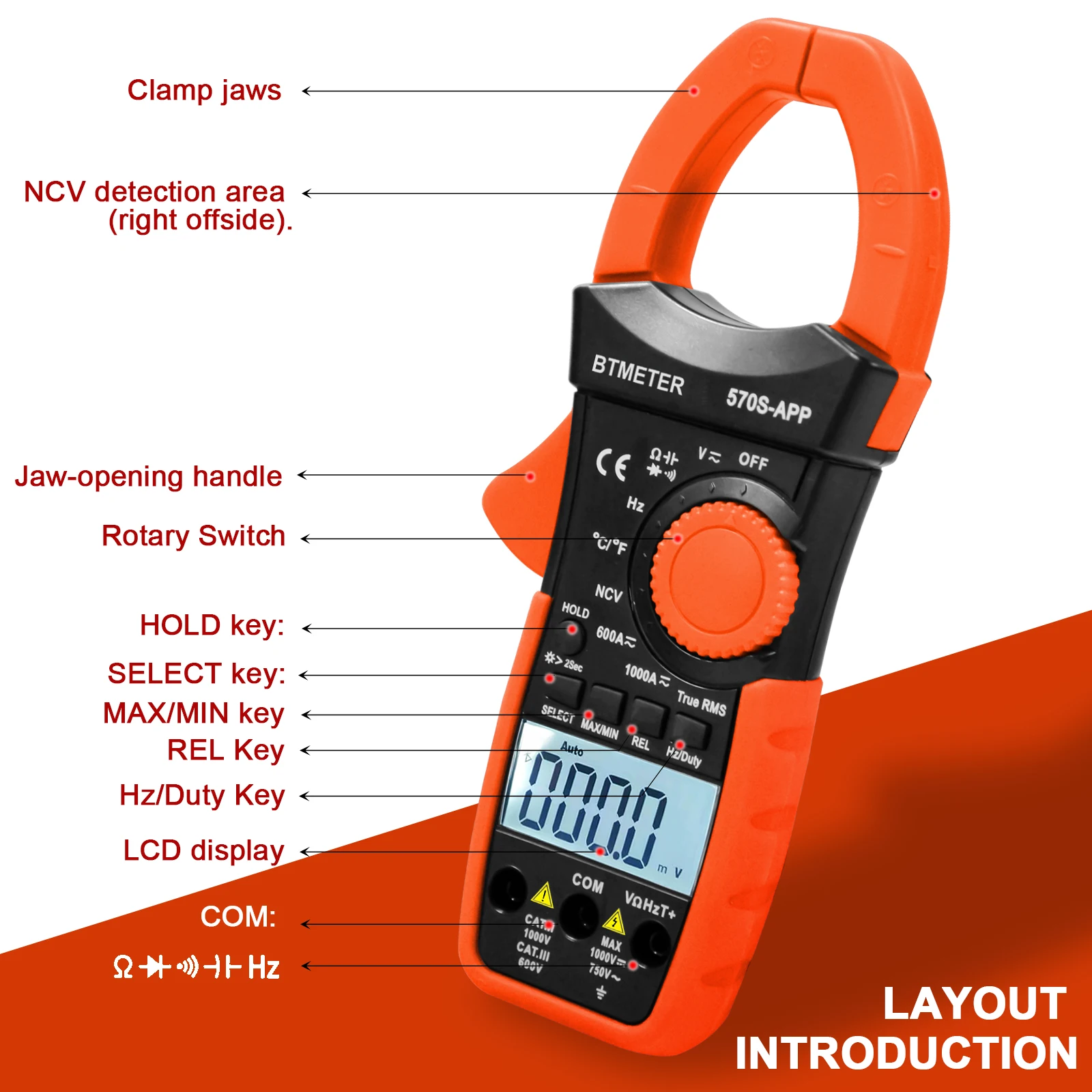 BT-570S-APP Digital AC/DC Volt Amp Clamp Meter,Wireless Bluetooth 1000A Meter for Voltage,Current,Ohm,Cap,Temperature Tester