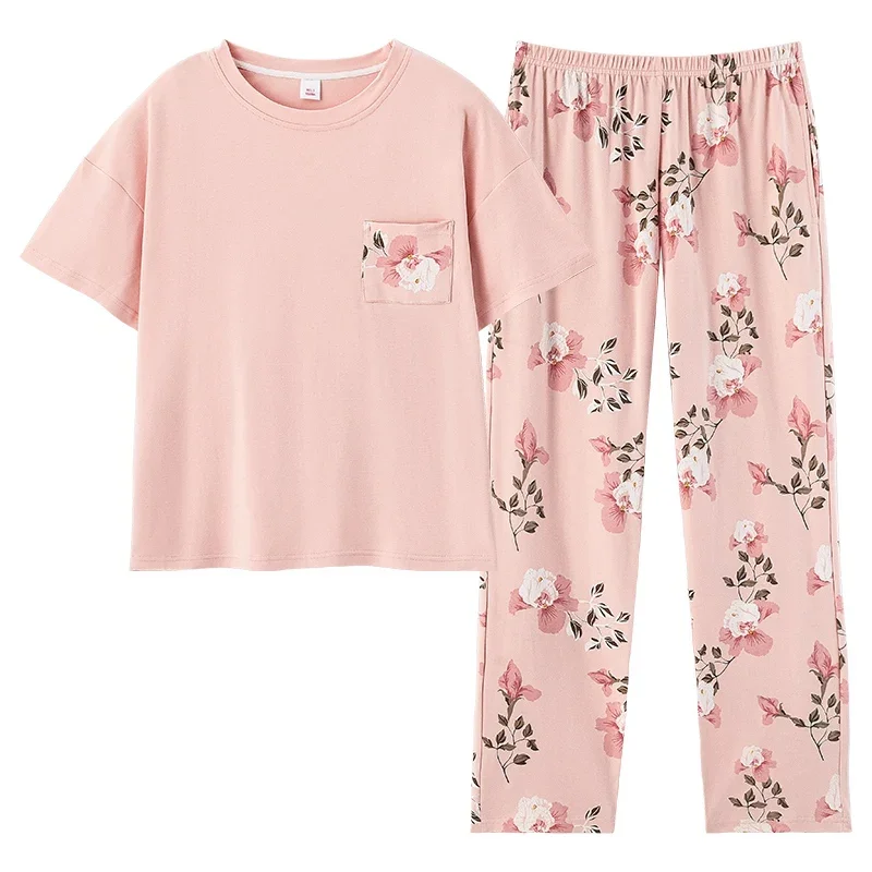 2025 Summer 100% Cotton Short Sleeve Long Pants Pajama Sets for Women Korean Cute Sleepwear Homewear Pijama Mujer Home Clothes