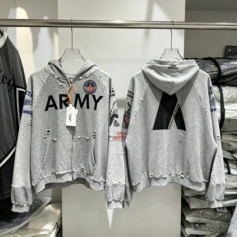 Splice Hole Damaged ARMY Protocol Index Embroidery Badge Zipper Hoodie Jacket Men Women Washed Distressed Terry Loose Pullovers
