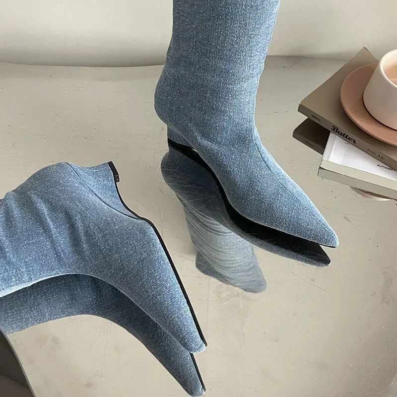 New Ladies Knee High Denim Boots With Wedges Shoes Fashion Pointed Toe Footwear Slip On Women Long Booties Female Wedges Shoes