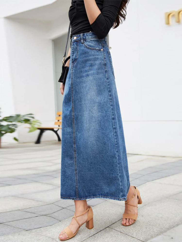 Denim saia longa feminina azul sólido a-line saias moda senhora streetwear casual bolso cintura alta jeans saia escritório maxi saia