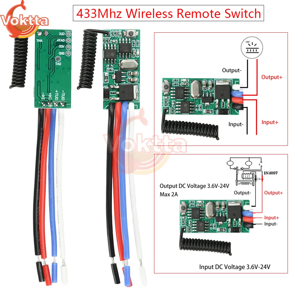 Przekaźnik Mini DC 3.6V-24V 2A Zdalny Włącznik Wyłącznik 12V 24V 433Mhz Odbiornik Nadajnik LED Kontrola Dostępu Jednokanałowy Bezprzewodowy Przełącznik
