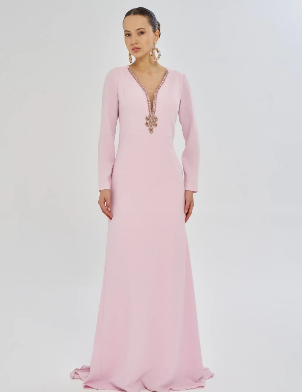 Maßgeschneiderte Modest Fashion Jersey-Kleider mit Perlen, Pailletten und Strass, A-Linie, V-Ausschnitt, Lange Abendkleider in Verschiedenen Größen Erhältlich