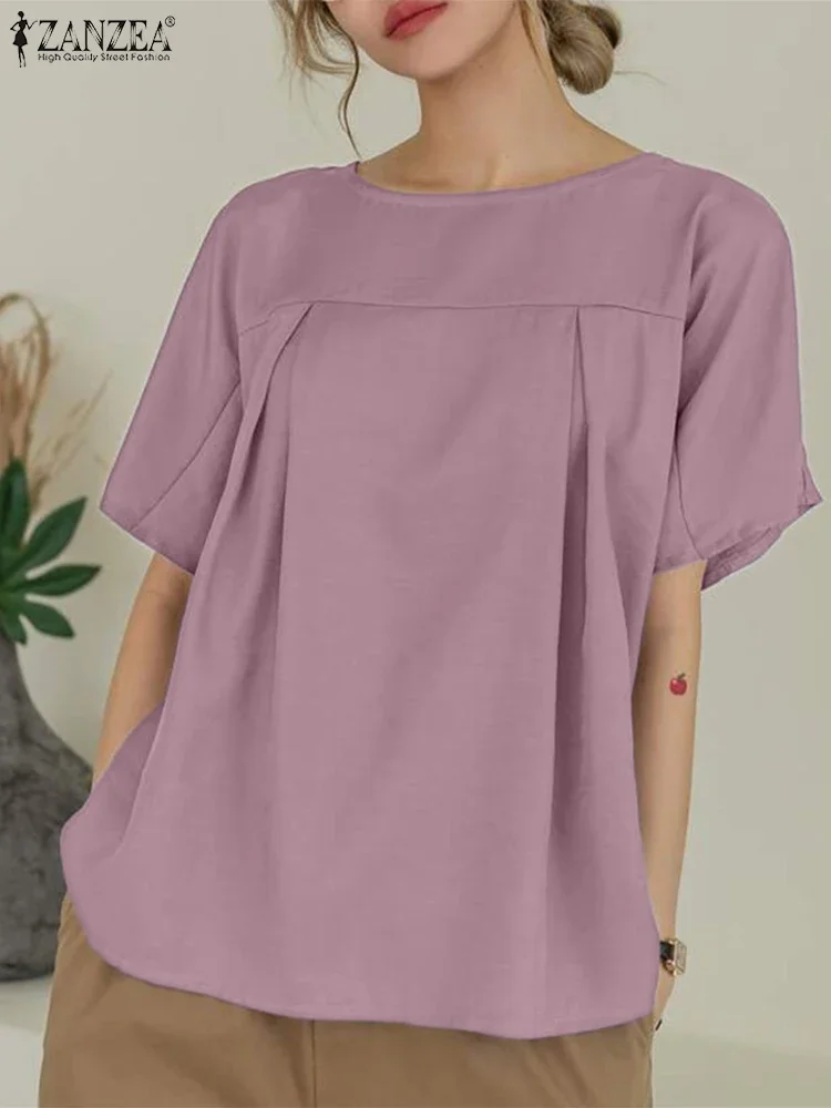 

2025 ZANZEA Fashion Women Blouses Summer Short Sleeve Shirts Solid Color Pleated Tunic Tops Round Neck Elegant OL Korean Blusas