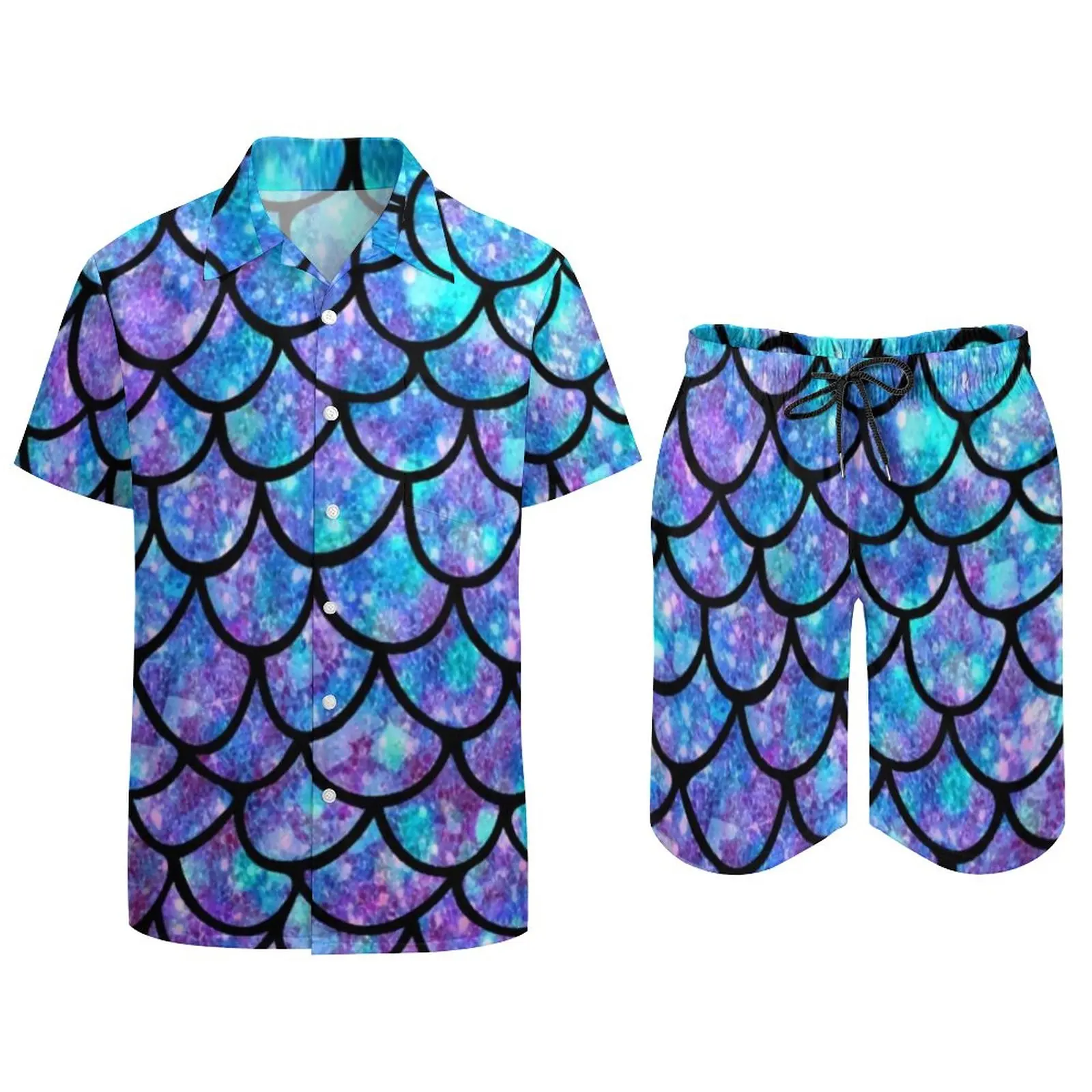 Mermaid Scales Men Sets Purple Blue Splash Abstract Casual Shorts Vintage Beach Shirt Set Short-Sleeved Graphic Oversized Suit