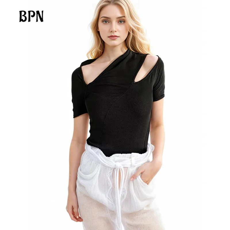 

BPN Casual Hollow Out T Shirts For Women Diagonal Collar Short Sleeve Solid Slimming Minimalist T Shirt Female Fahsion Clothing