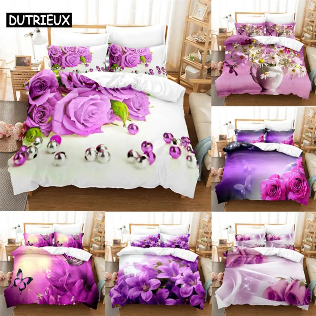 Purple Flower Duvet Cover Set Double Bed 200x200 Thin Floral Bedding Set 3PCS 2PCS with Pillowcase Single Quilt Cover 220x240