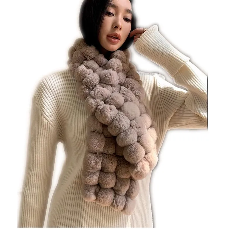 Women Knitted Real Rex Rabbit Fur Scarf with Pompom Warm Thick Winter Fluffy Wraps