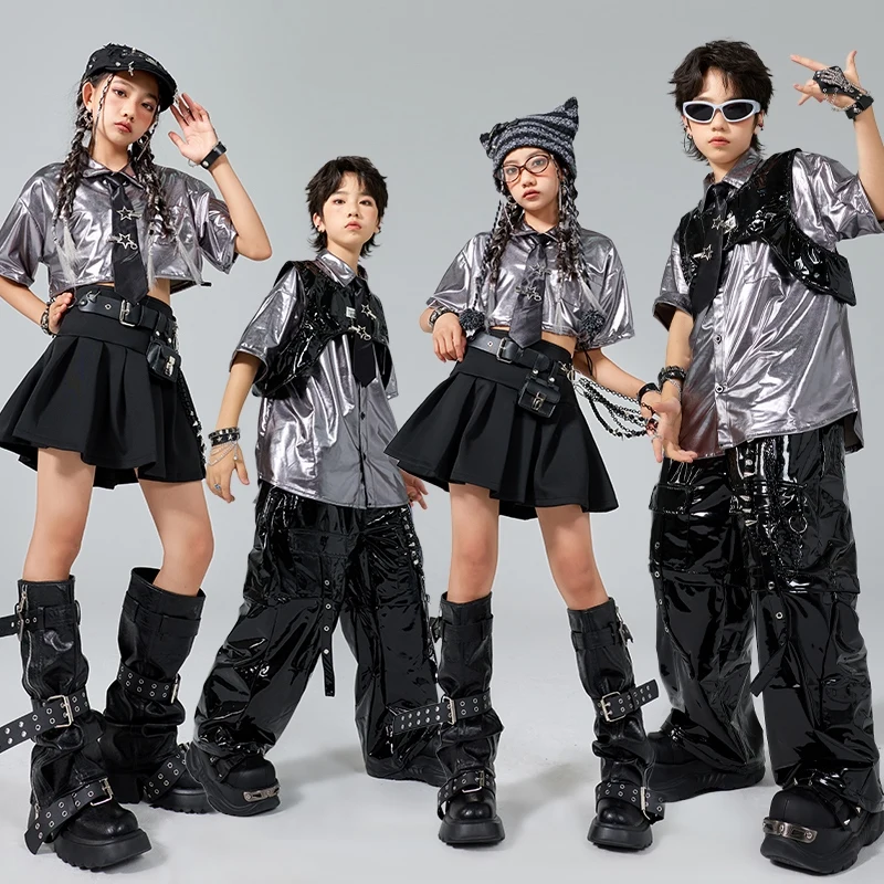 

Костюм для уличных танцев, джазовый сценический костюм, серебряная рубашка для девочек, черные брюки в стиле хип-хоп, костюм для подиума, костюм для выступлений, наряд Kpop AMY2290