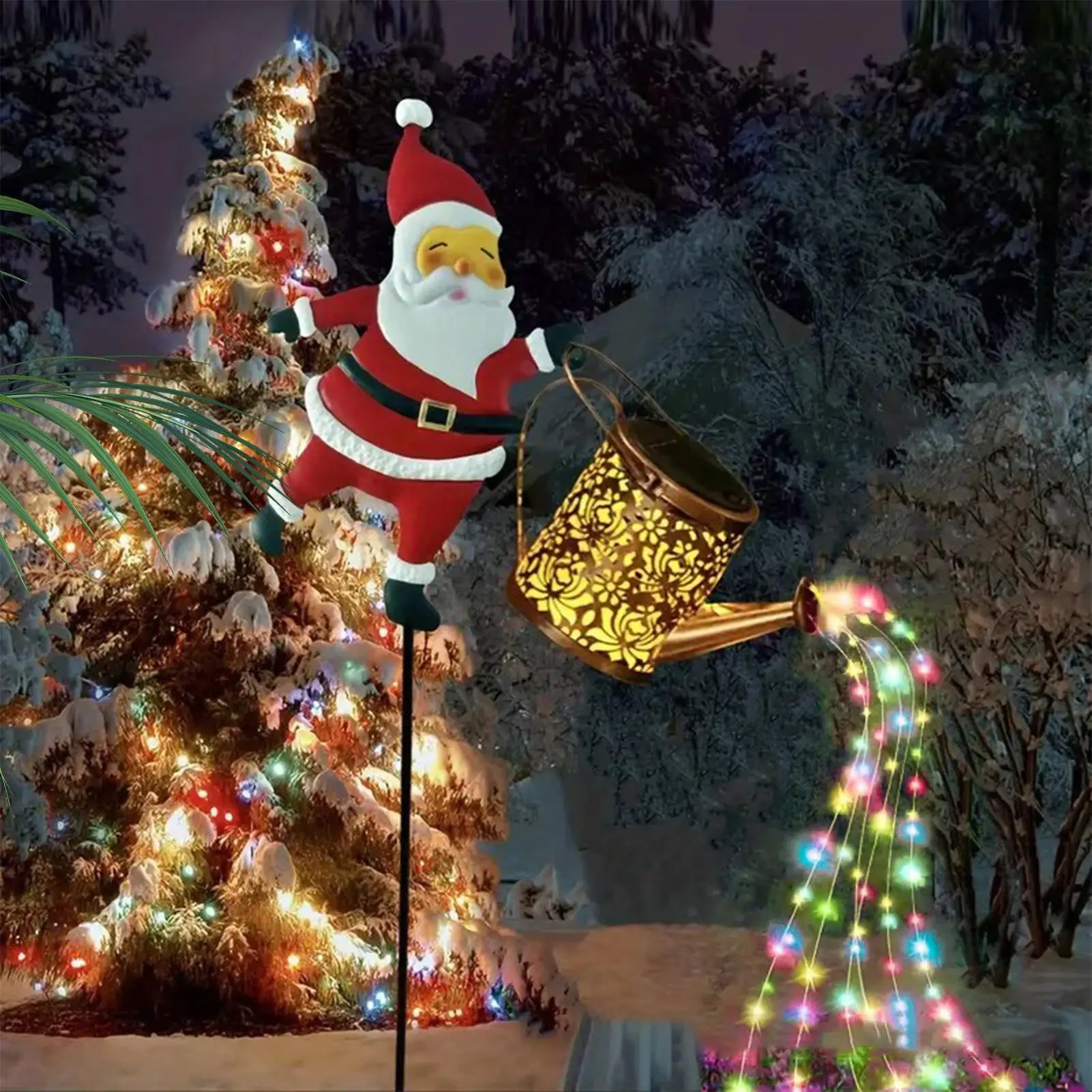 Outdoor Solar Santa Christmas Lights Solar Santa Claus Watering Kettle Garden Stake Light Christmas Gound Lamp Home Decoration