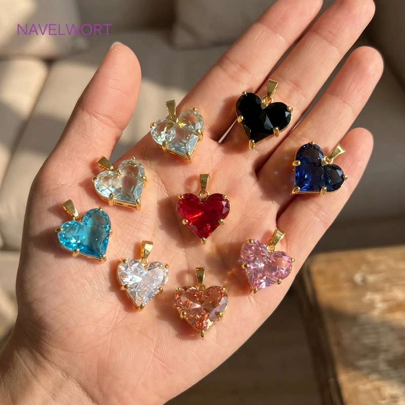 2 Size 18K Gold Plated Brass Heart-Shaped Charms Pendants For Necklace,Clear Crystal Charms For Jewelry Making,DIY Accessories