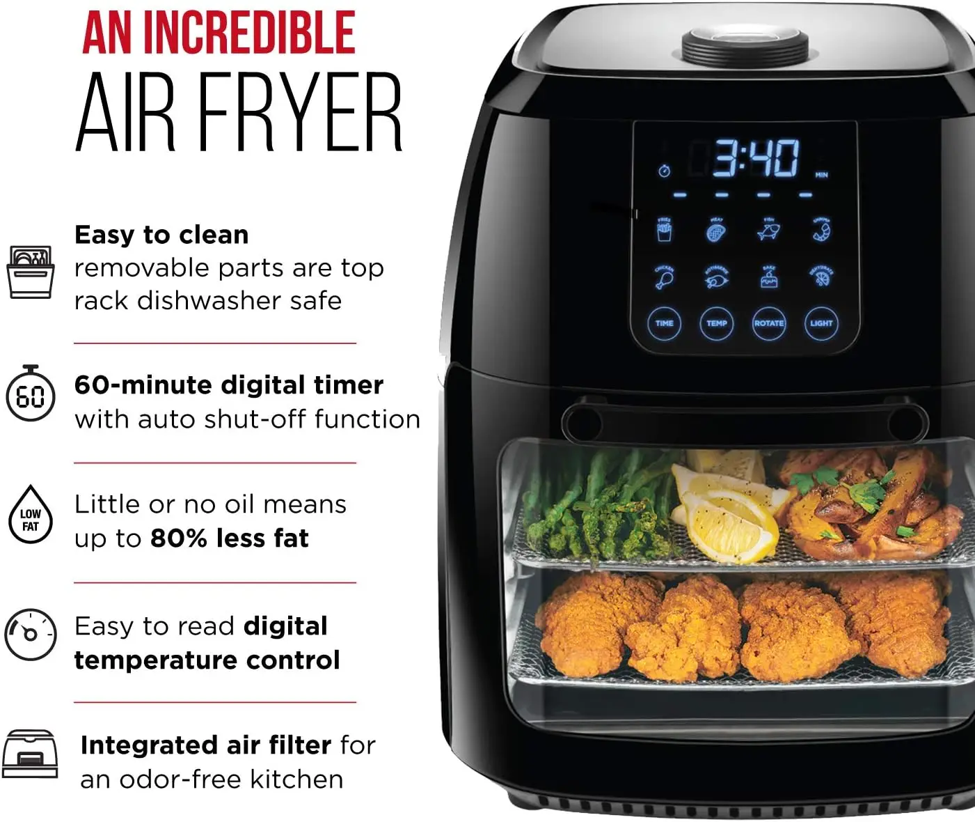 6.3-Qt 4-In-1 Digital Air Fryer+, Rotisserie, Dehydrator, Convection Oven, XL Family Size, 8 Touch Screen Presets, BPA-Free, Aut