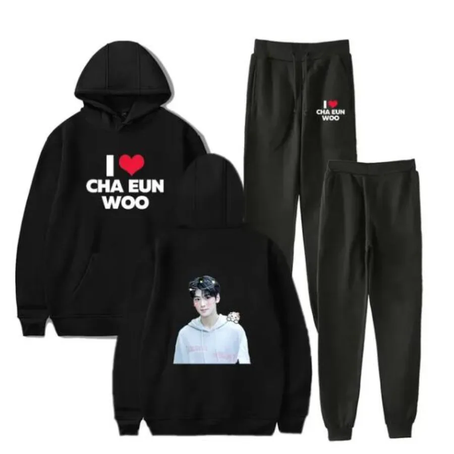 

KPOP Cha Eun Woo Merch Men's Sportswear Sets Casual Tracksuit Two Piece Set Top and Pants Sweat Suit Men Clothes