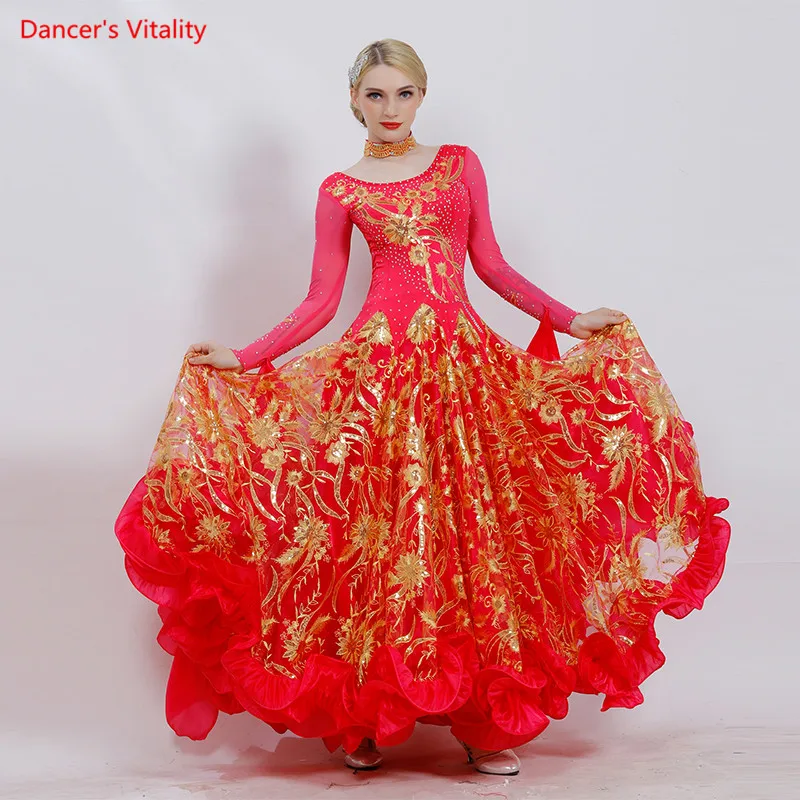 Ballroom Dance Dress 2019 New Luxury Sequins Embroidery Big Swing Dresses Women Latin Waltz Tango Dance Performance Costumes