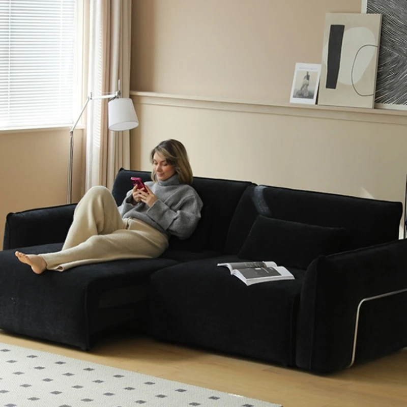 

Italian minimalist black electric retractable sofa French medieval living room straight row small apartment fabric sofa