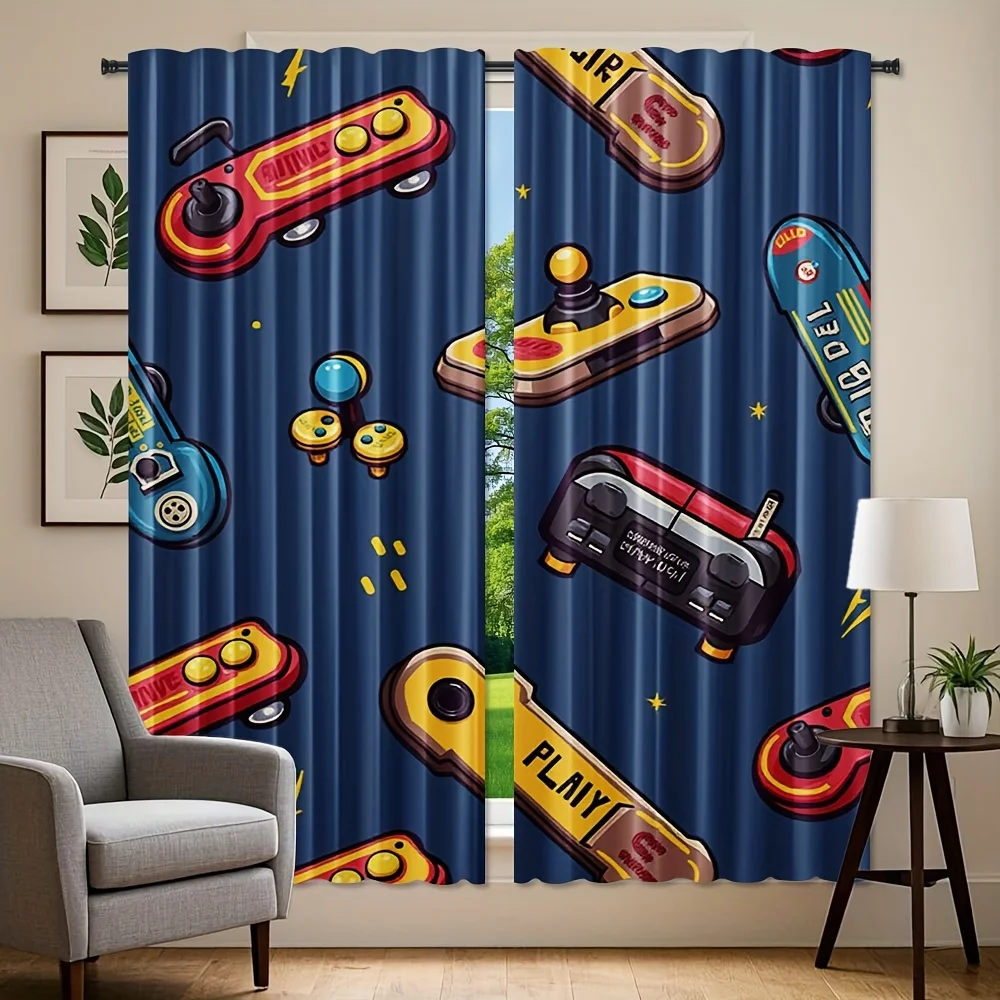 Retro Game Controller Curtain, Vintage Joystick Pattern Blackout Drapes, Colorful Gamer Room Decor for Kids Bedroom Boys Home