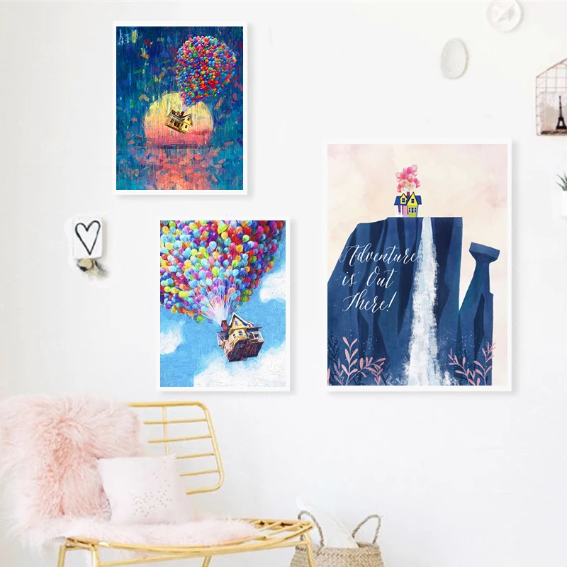 Watercolor Pixar Up Poster Art Canvas Print Up Balloon House Painting Travel Adventure Wall Picture Kids Room Animated Decor