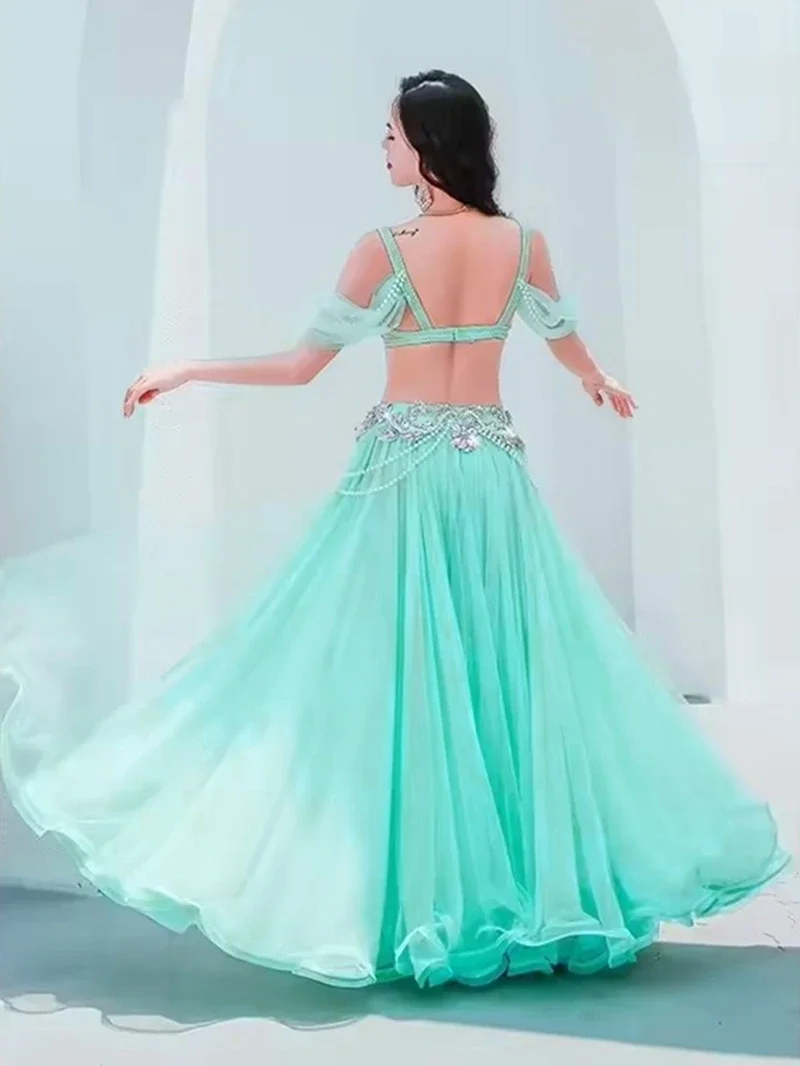 Novo traje de performance de dança do ventre-estilo de fada dupla camada grande balanço saia competição palco desempenho traje