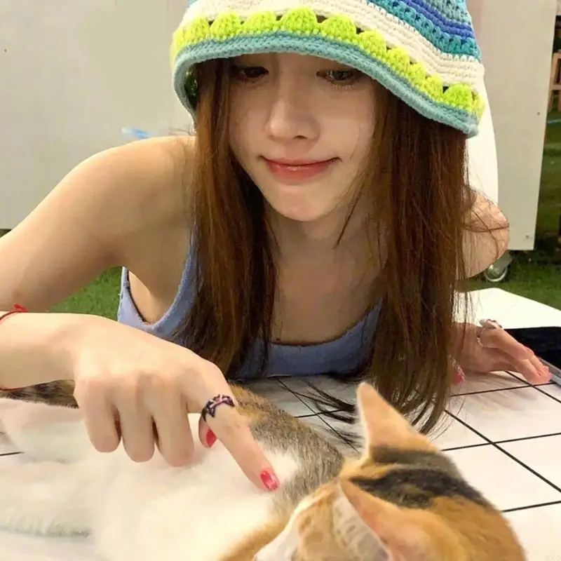 M6CD السيدات الكروشيه اللون مطابقة قبعة الصياد واسعة حافة قبعة دلو قبعة Sunproof #5