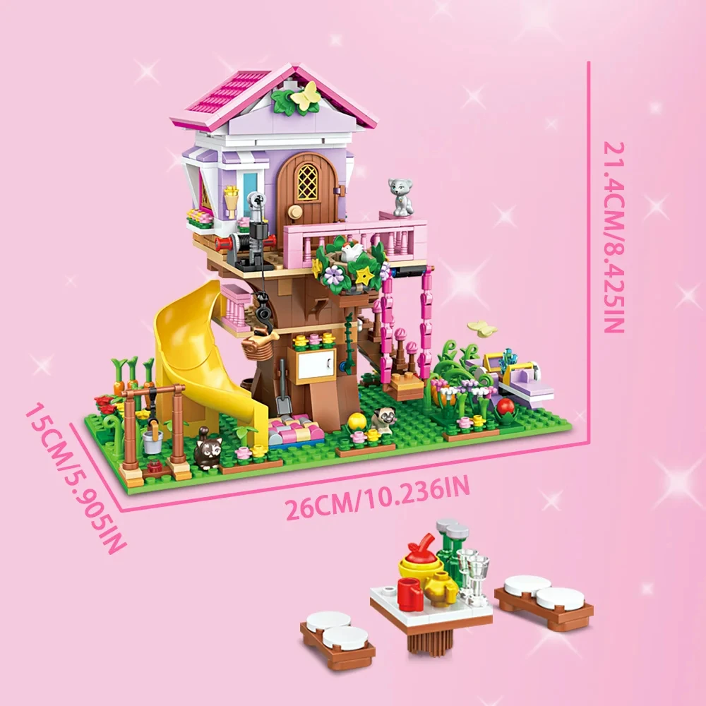 Casa de bloques de construcción de la serie Girl, Villa, campamento, casa en el árbol, Castillo de princesa Yizhi, juguetes de ensamblaje, regalo para niña