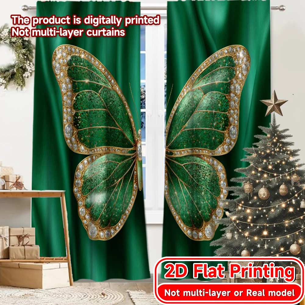 2D Flat Printing,2pcs Emerald Butterfly Popular Curtains Polyester Curtains Festive Decorative for Semi-transparent Curtains,