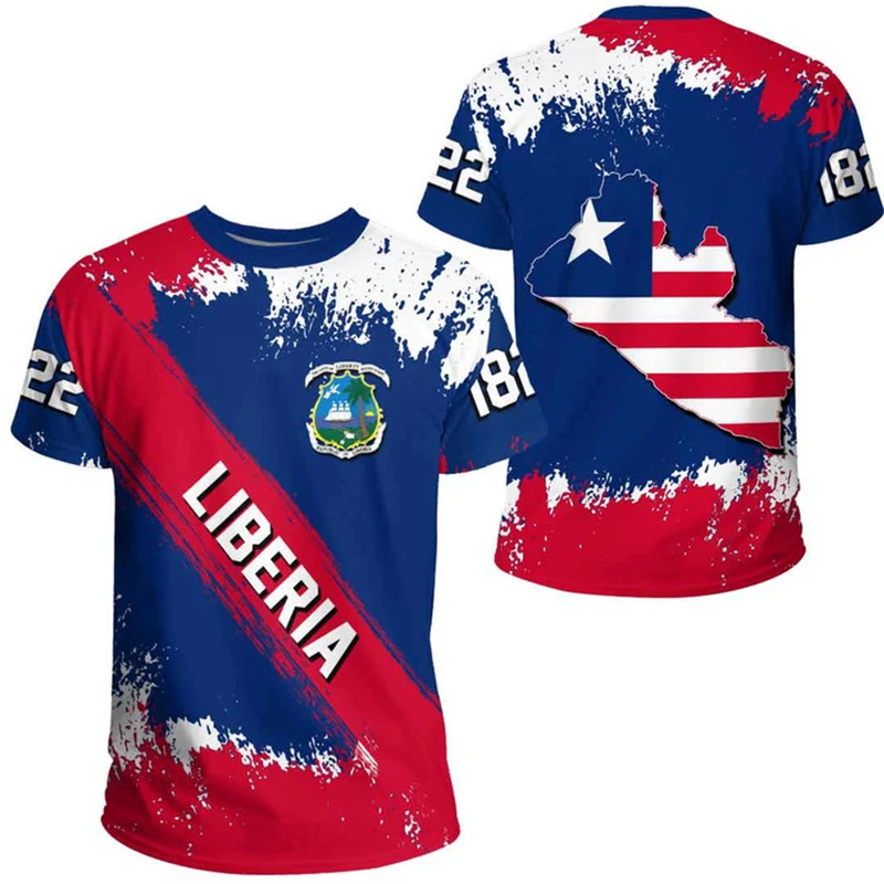 Liberia Men's T-Shirt Summer Short Sleeve LR National Emblem Flag 3D Print Fashion Round Neck Sports Fitness Male Clothing Tops