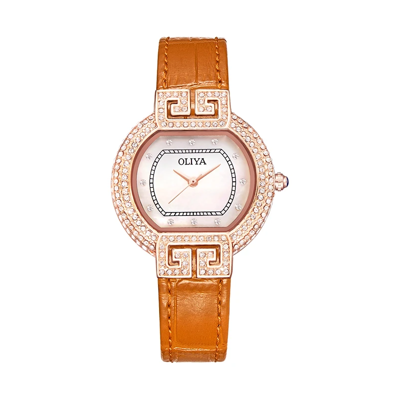 Relojes elegantes de circón para mujer, reloj de cuarzo decorativo de cuero, resistente al agua, estrella de la suerte, a la moda