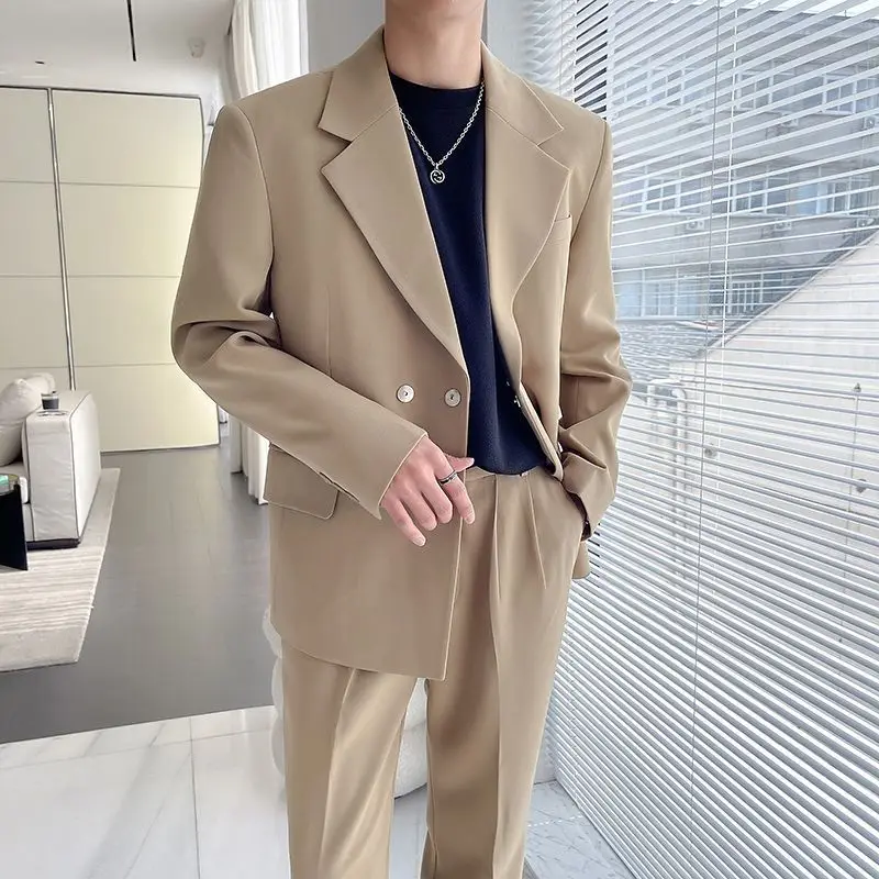 3-A125  Summer thin wide version khaki loose suit men's drape free ig double-breasted outton suit two-piece suit