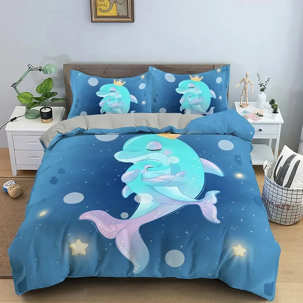Dolphin HD Print Bedding Set for Girl Boy King Size Bedding Set children's Bed Double Bed Duvet Covers Pillowcase Bedding Set