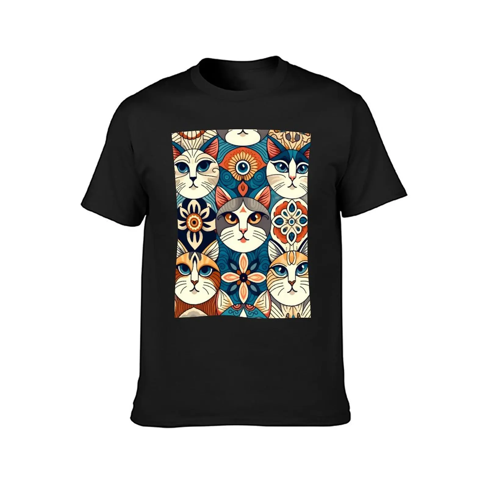 Folk Art Cat Illustration - Whimsical Feline Pattern Artwork T-Shirt Blouse plus size tops mens graphic t-shirts anime