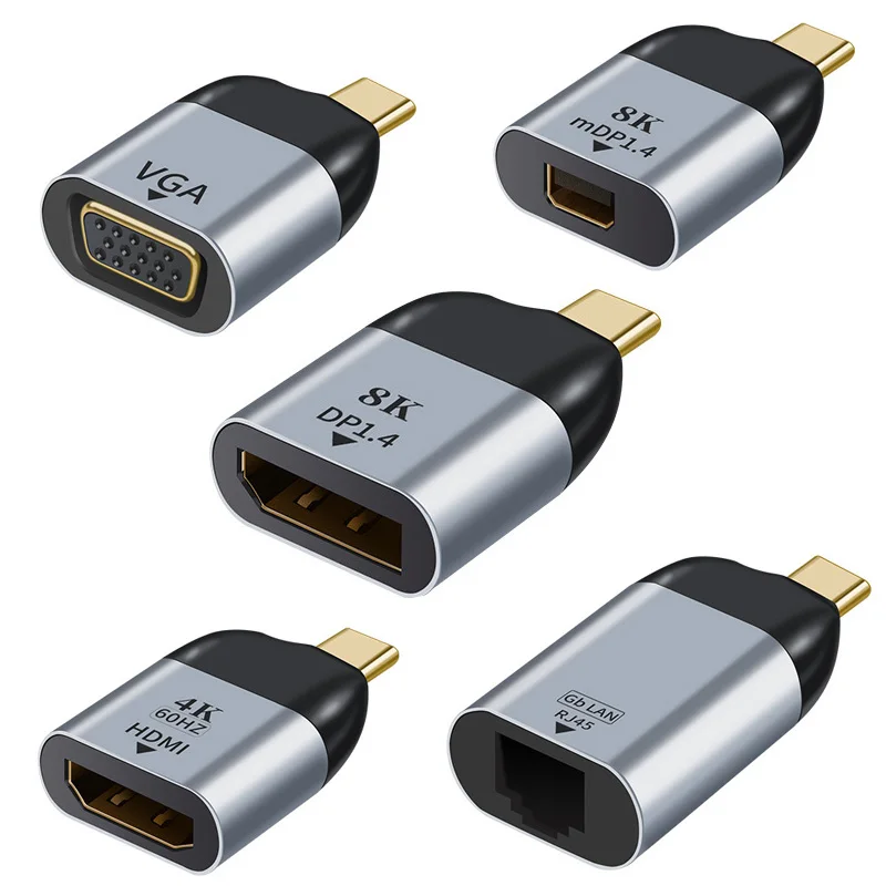 USB Type-C Male to HDMI VGA DP GB MINI DP Female Adapter Convertor Plug 4K@60Hz or 8k@60Hz 3D Data Transmit Adapter for Phone PC