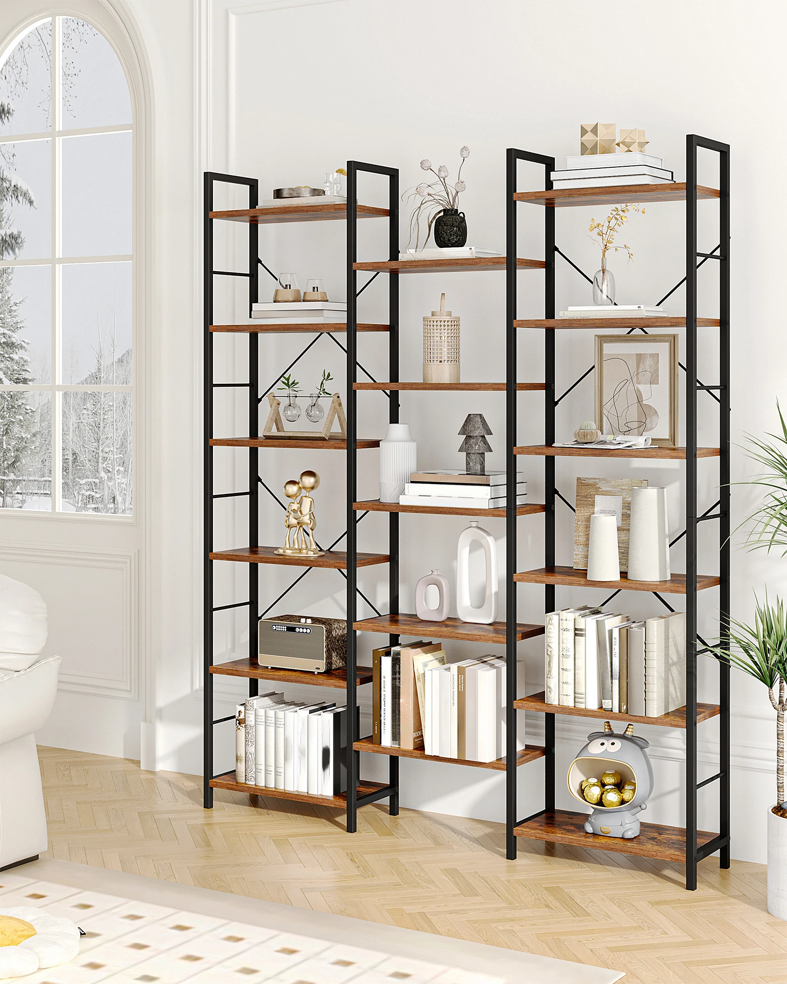 Hzuaneri Bibliothèque, étagère sur pied avec 17 étagères, espacement réglable, étagère à livres avec cadre en métal, pour salon, chambre à coucher