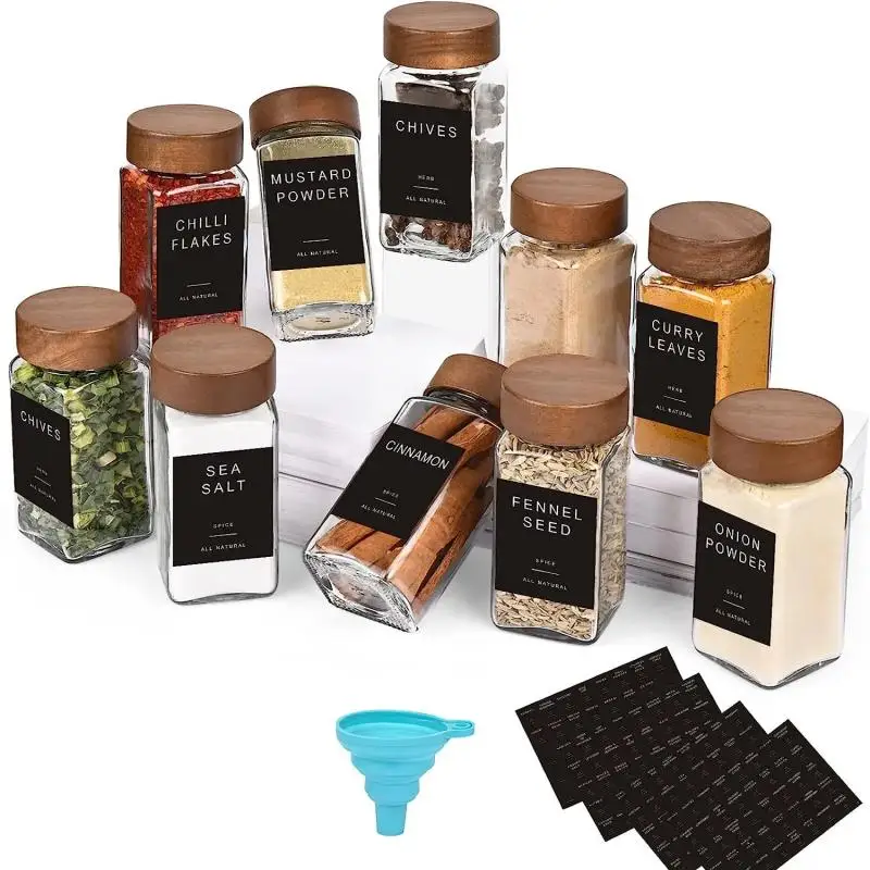 

Glass Spice Jars with Labels 4oz Empty Square Spice Bottles with acacia wood lid & Shaker Lids