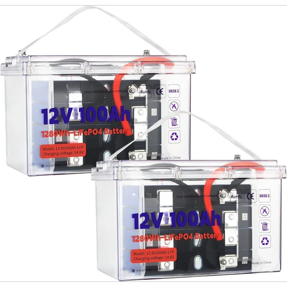 

2 Pack 12V 100Ah Lithium LiFePO4 Battery, Rechargeable Battery with DALY Smart 100A BMS, 4000-15000+ Deep Cycles