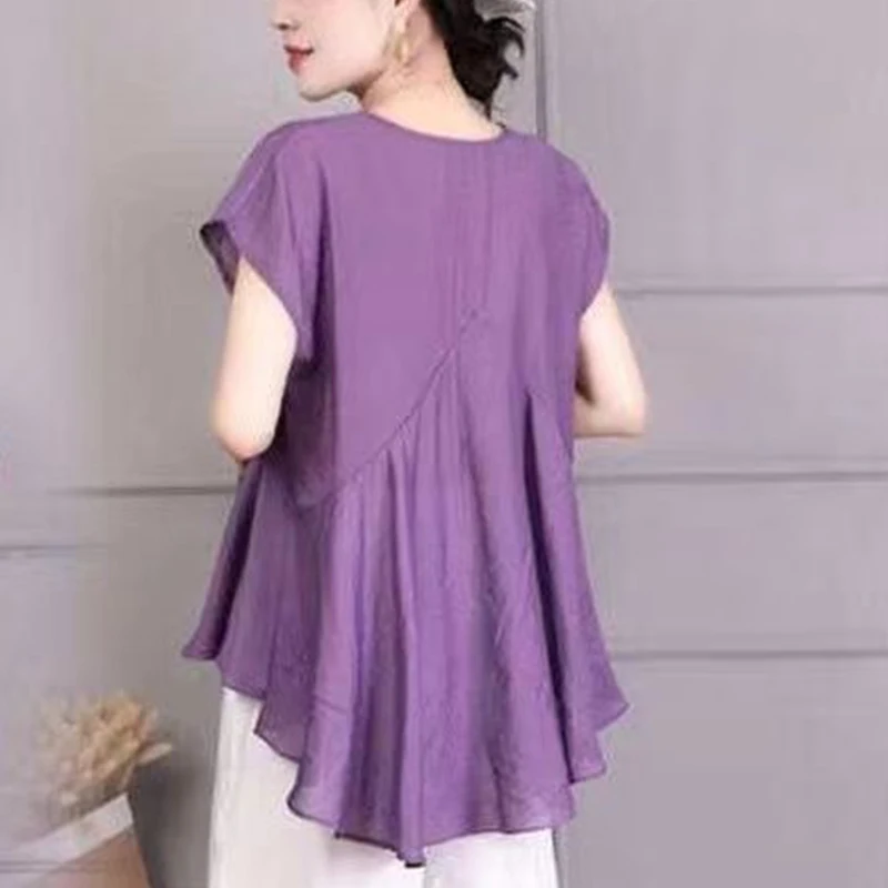 Summer New Fashion V-neck Loose Casual Spliced Shirt Ladies Short Sleeve Oversized Literary Vintage All-match Blouse Women's Top