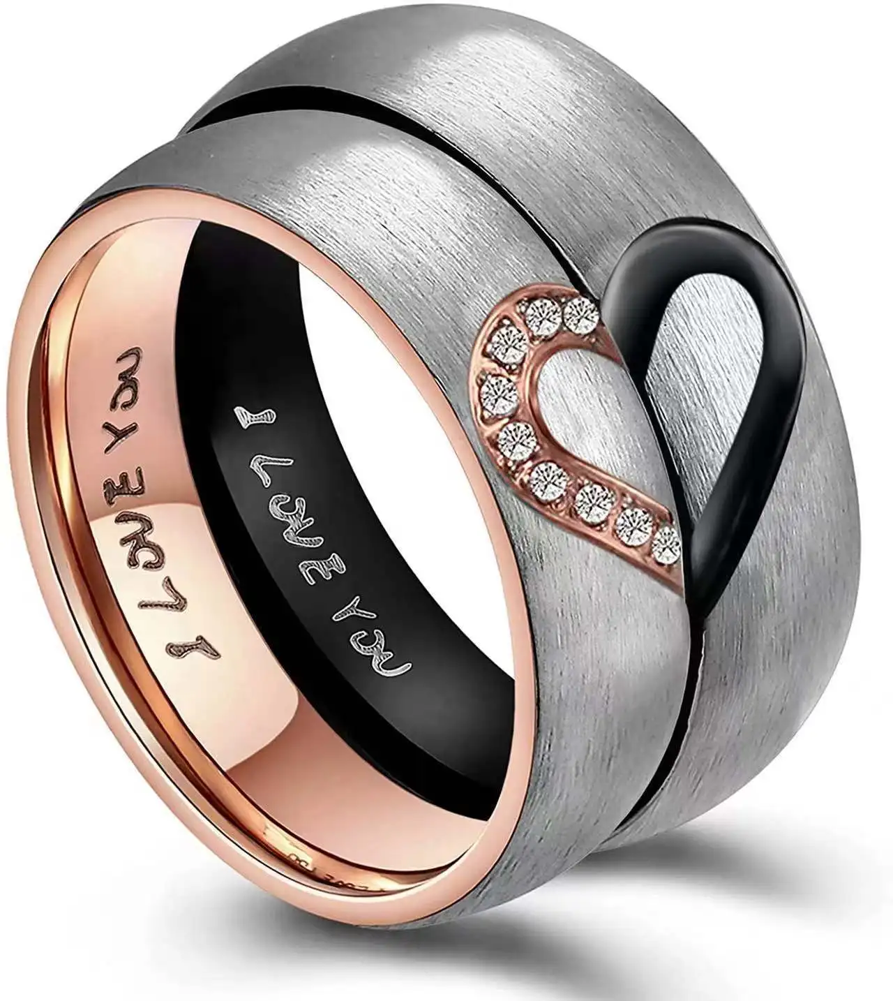 

Hot Selling Stainless Steel New Half Peach Heart Couple Rings For Women Men With Letters I LOVE YOU Jewelry Gifts Size 6-13