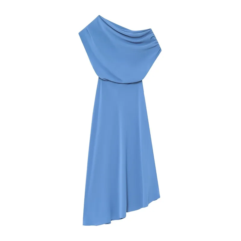 우아한 블루 비대칭 숄더 바나 여성 드레스 반팔 미디 길이 여름 하이웨이스트 OL 스타일 기타 소재