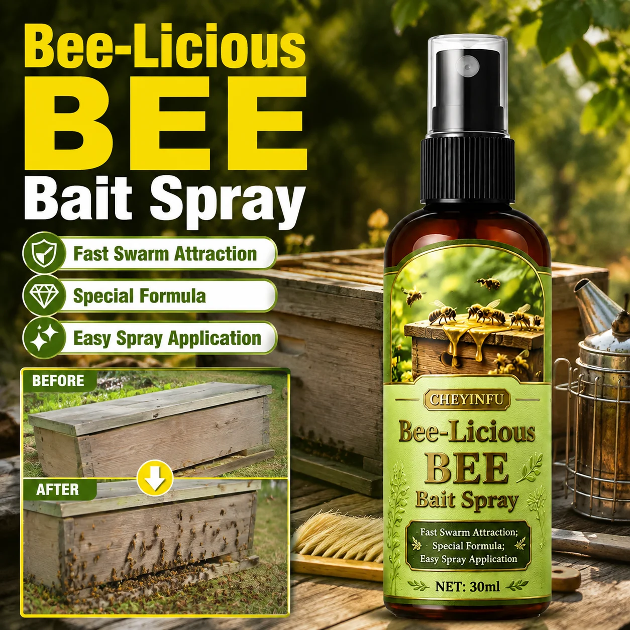 CHEYINFU Bee Attractant Spray Swarm Lure Formula for Beekeeping Hives & Traps 30ml