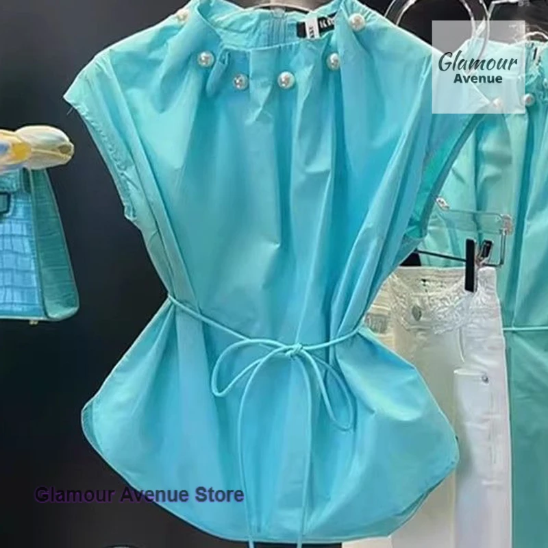 

French high-grade sleeveless beaded shirt jacket for women's summer new fashion simple solid color loose round neck short shirt