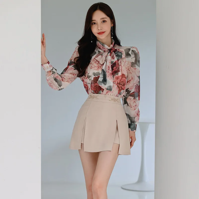 Camisa feminina retrô com estampa floral manga longa com renda e saia dividida em linha, roupa elegante da moda, conjunto casual de 2 peças, primavera, outono