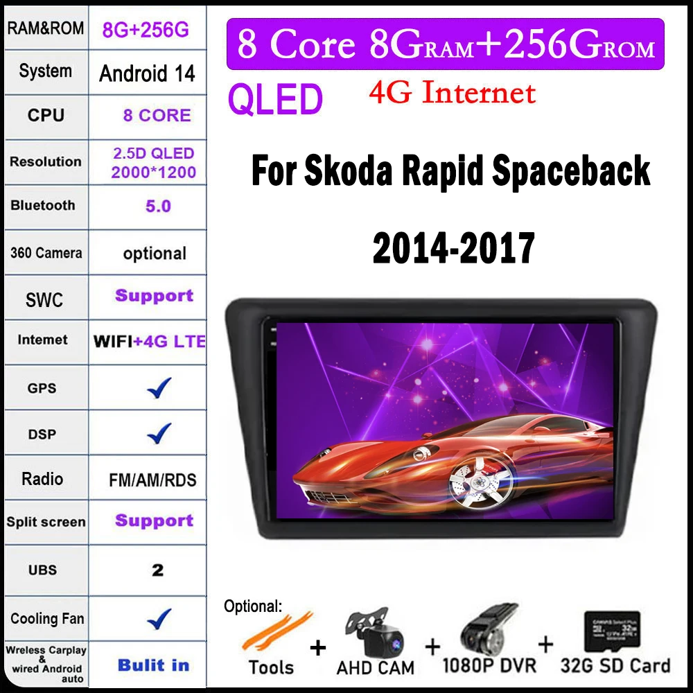 

9 Inch QLED IPS Android 14 For Skoda Rapid Spaceback 2014-2017 4G+WIFI Car Radio Video Multimedia Carplay Navigation GPS Stereo