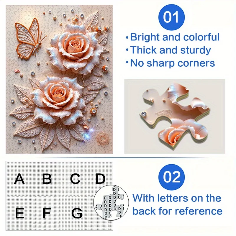 1000 قطعة من أحجية الصور المقطوعة - تصميم زهور الورد المطرزة مع خرز متلألئ، مقاوم للخدش وجودة عالية، مستطيل كبير
