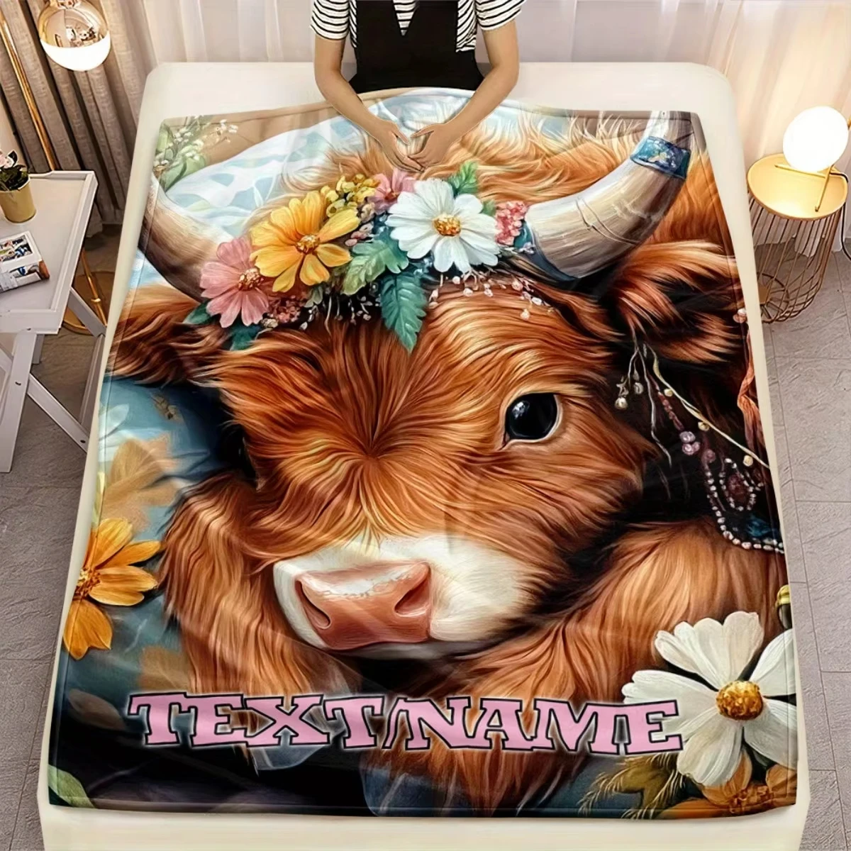 Personalized Highland Cow with Floral Crown & Name Custom Blanket Scottish Cow Plaid-Like Print Soft Flannel Throw for Bed, Sofa